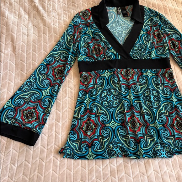 Vtg 70s Bisou Bisou Psychedelic Geometric Empire Waist Bell Sleeve Top Size L - Picture 3 of 15